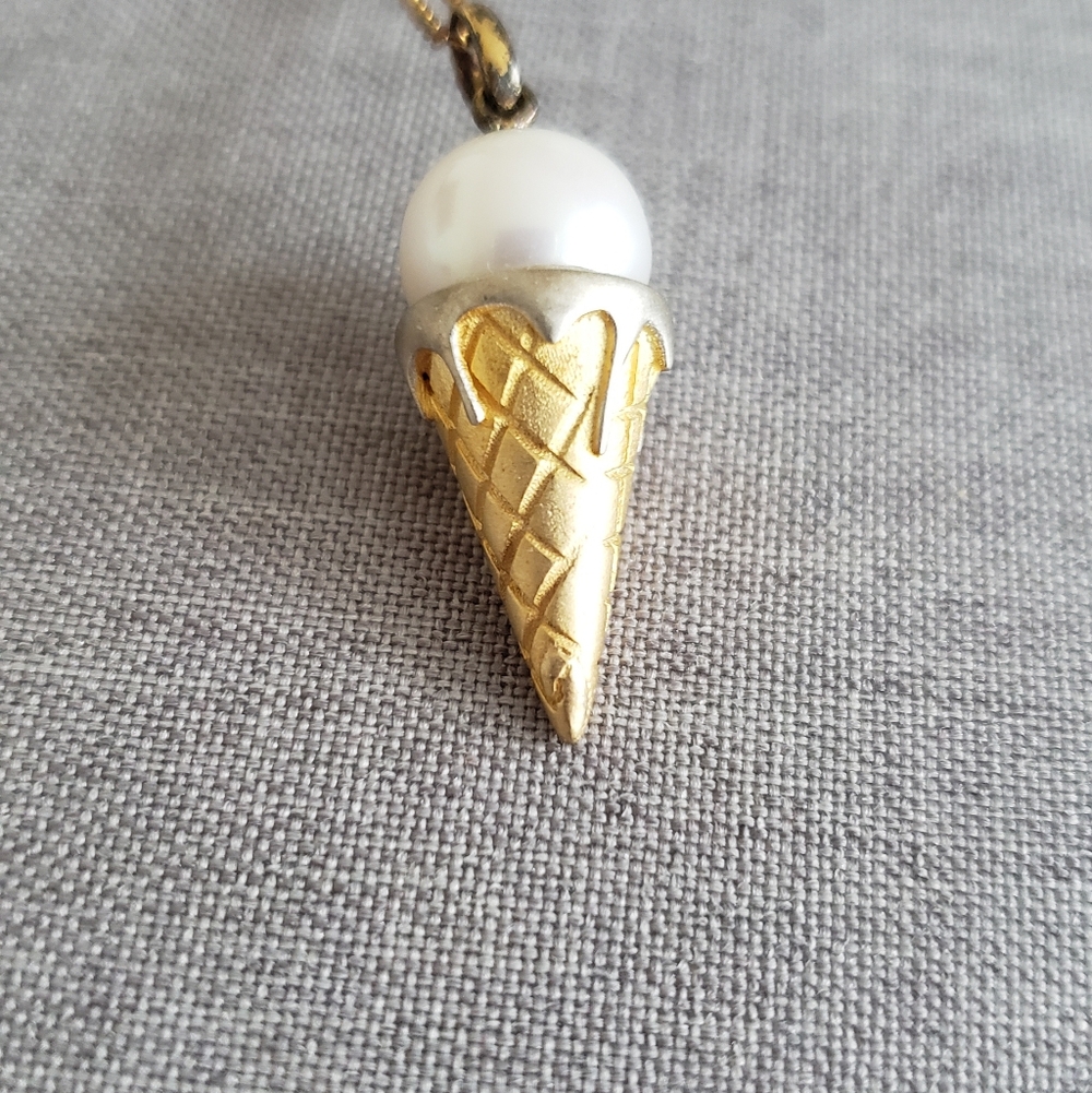 Gold & White Ice Cream Cone Pearl Pendant - Women Jewelry